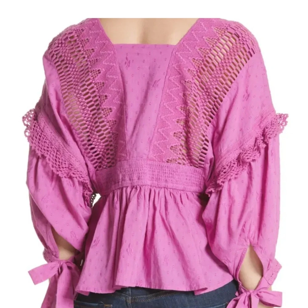26098 Free People Drive You Mad Blouse Sz Small Boho Tie Sleeves Neon Orchid EUC - Picture 11 of 11